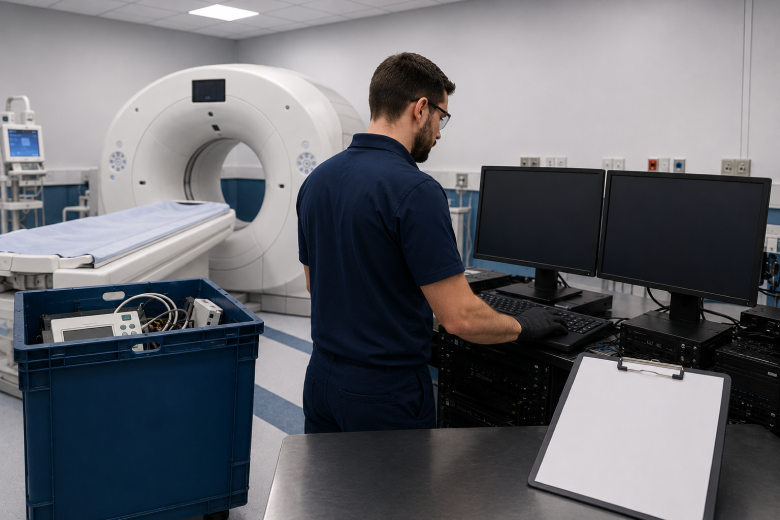 Technicien certifié ITAD traitant du matériel informatique médical et des dispositifs d'imagerie en fin de vie provenant d'un organisme de santé canadien.