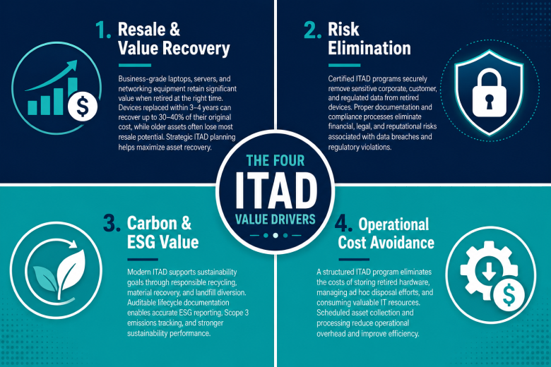 Infographie illustrant les quatre principaux leviers financiers du ROI ITAD en entreprise : la revente, l’élimination des risques, la valeur ESG et la réduction des coûts.
